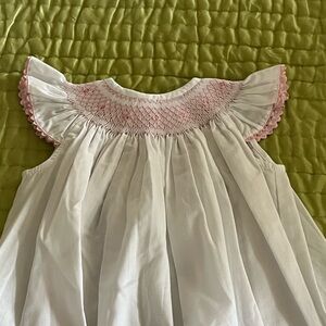 White and Pink Smocked Bishop Dress with Pink Accents